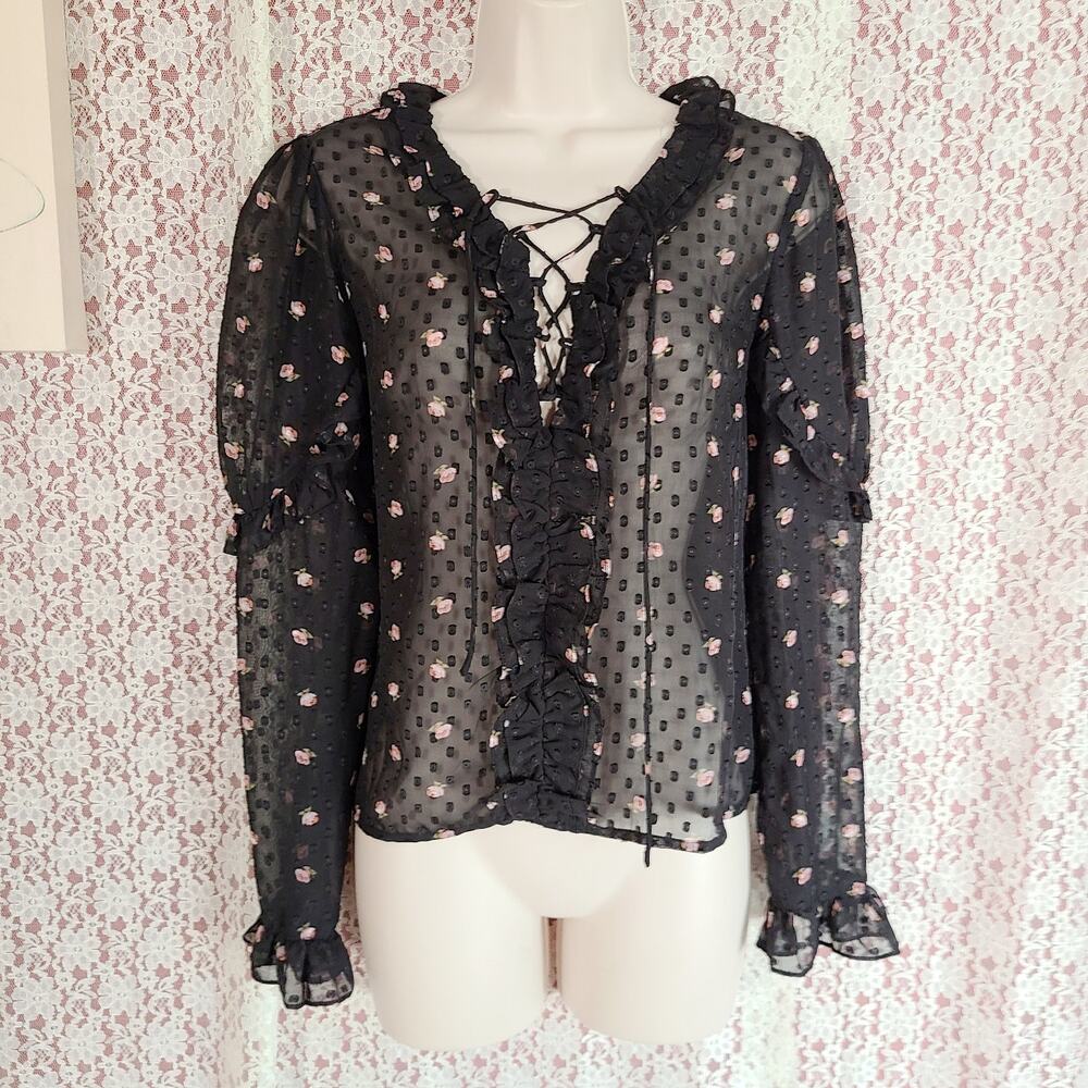 NWT Leyden black sheer polka dot floral ruffle shirt size medium